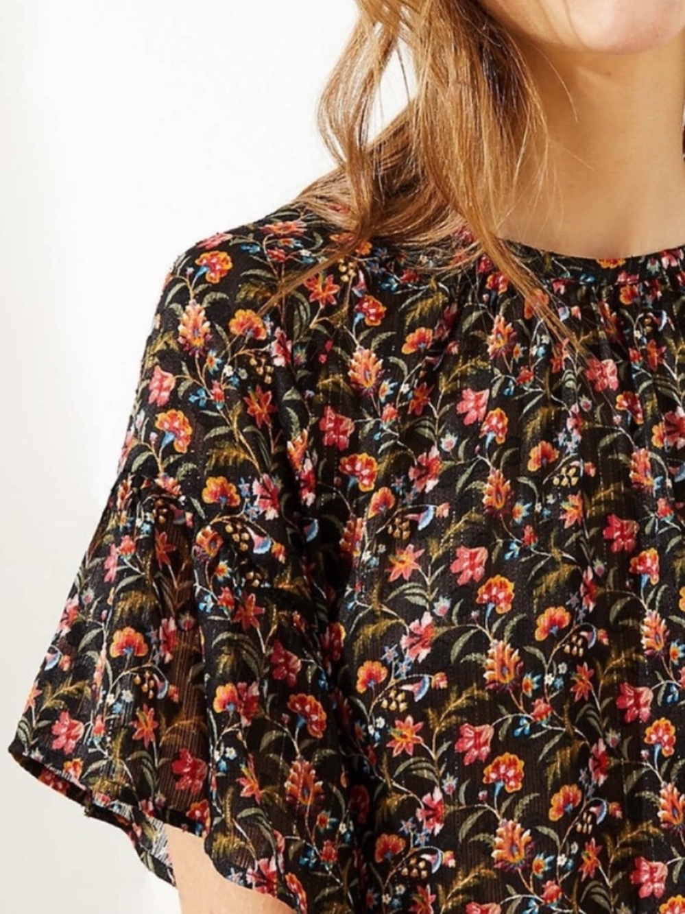 NWT LOFT Floral Flutter Sleeve Blouse Small Black Metallic Gold Lurex Top Small